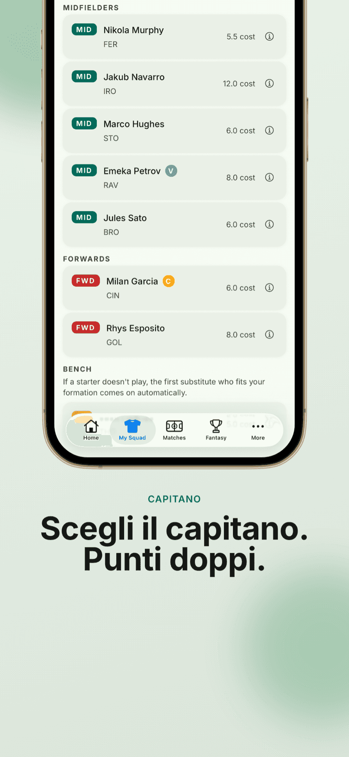 Schermata dell’app: la tua squadra con un capitano scelto che raddoppia i punti