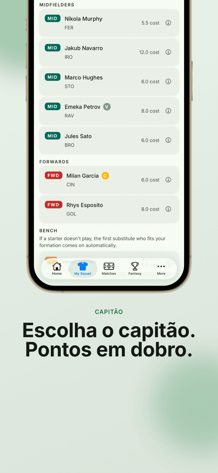 Captura do app: seu time com um capitão escolhido que dobra os pontos