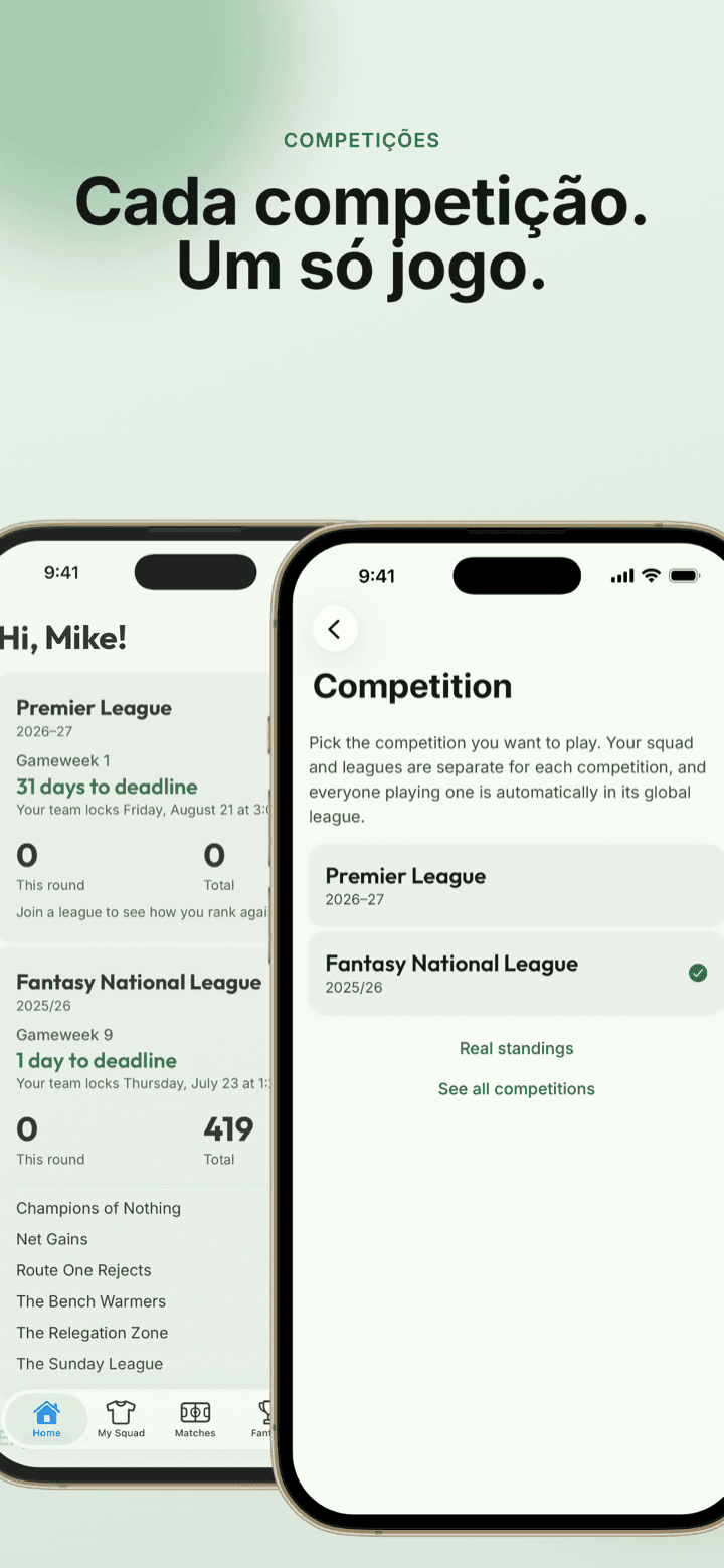 Captura do app: dois celulares mostrando competições diferentes em um só app
