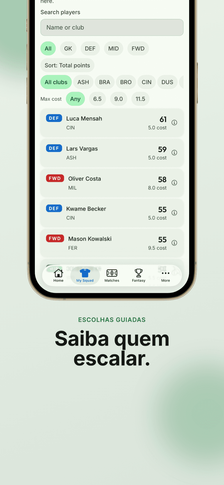 Captura do app: a busca de jogadores com filtros de posição e orçamento para saber quem escalar