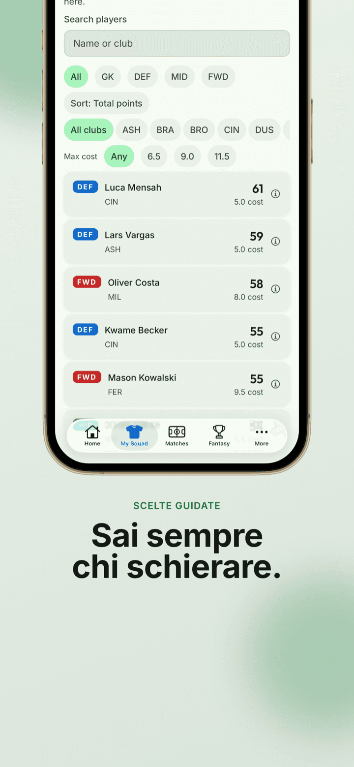 Schermata dell’app: la ricerca giocatori con filtri per ruolo e budget per capire chi scegliere