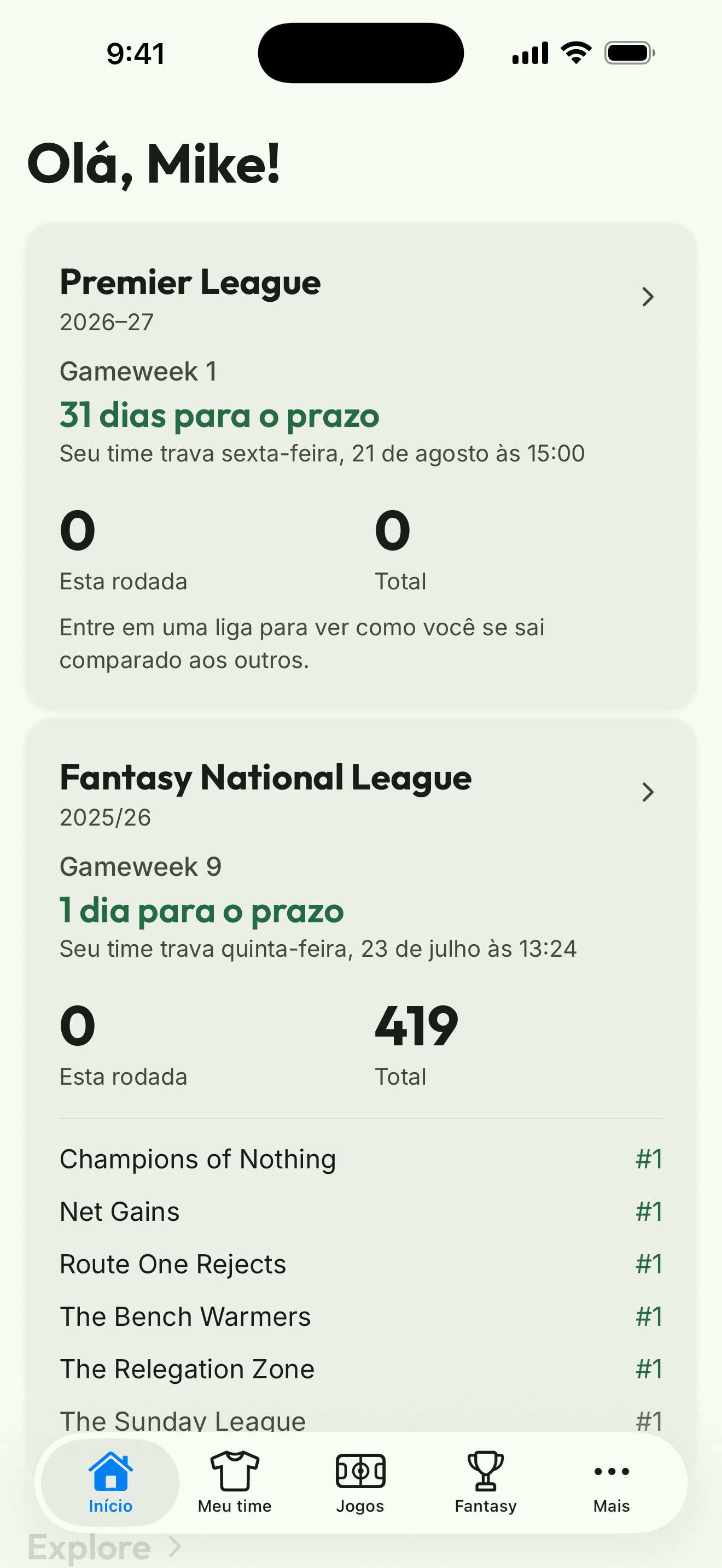Captura do app: a tela inicial com suas competições, os próximos prazos e sua posição em cada liga