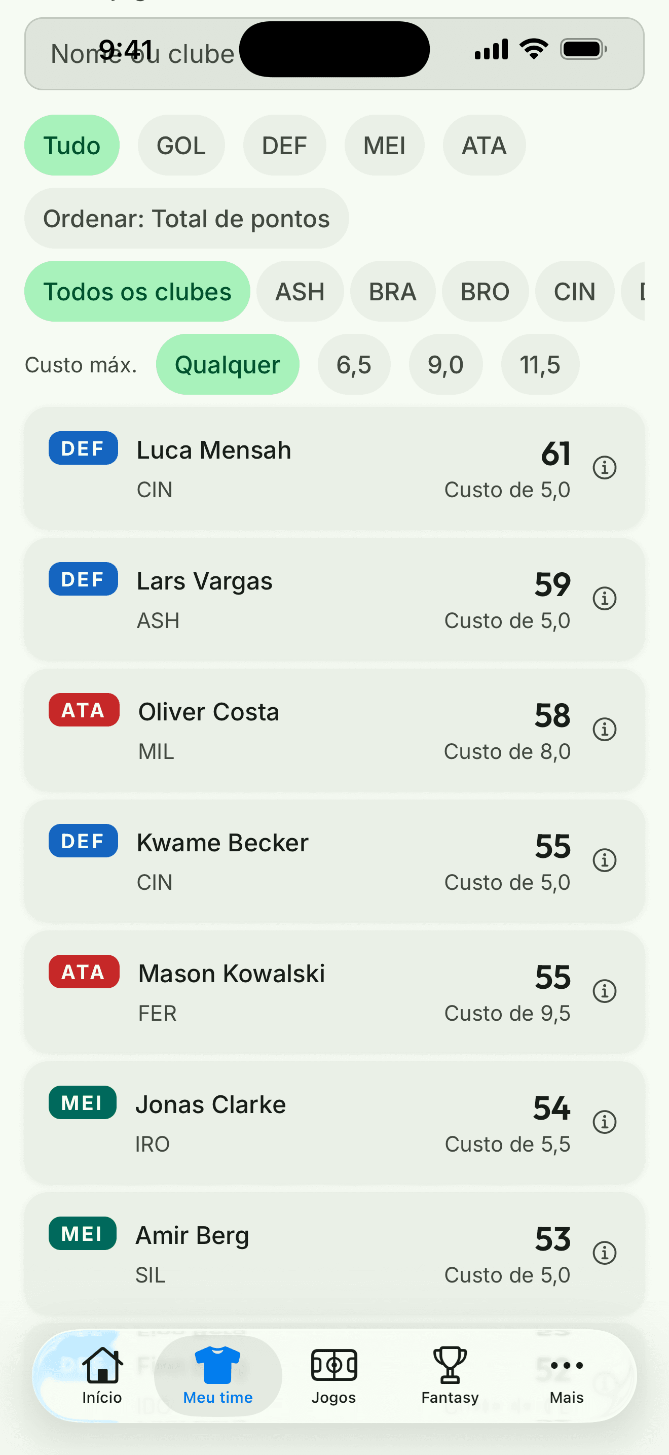 Captura do app: a busca de jogadores com filtros de posição, clube e orçamento