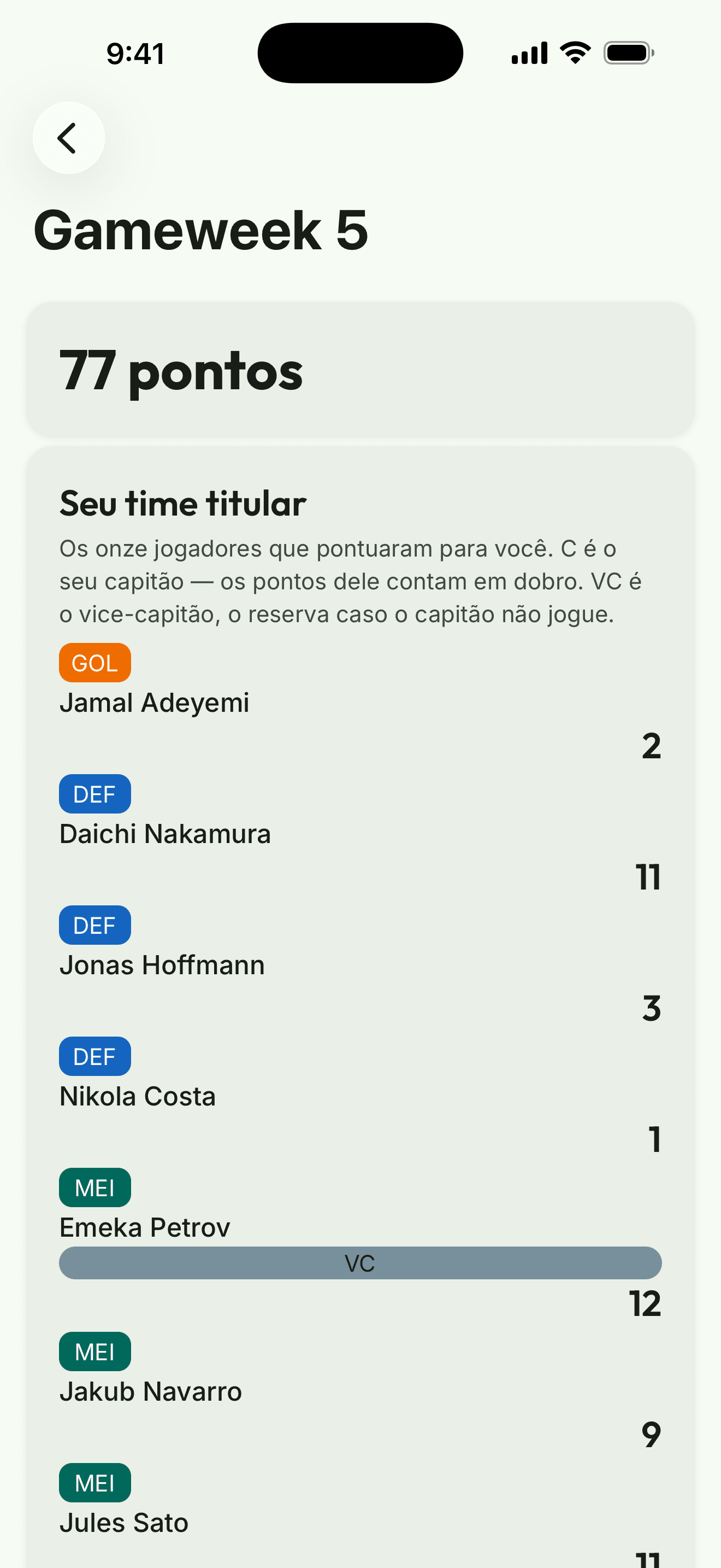 Captura do app: o resumo da rodada com seu time titular e seus pontos