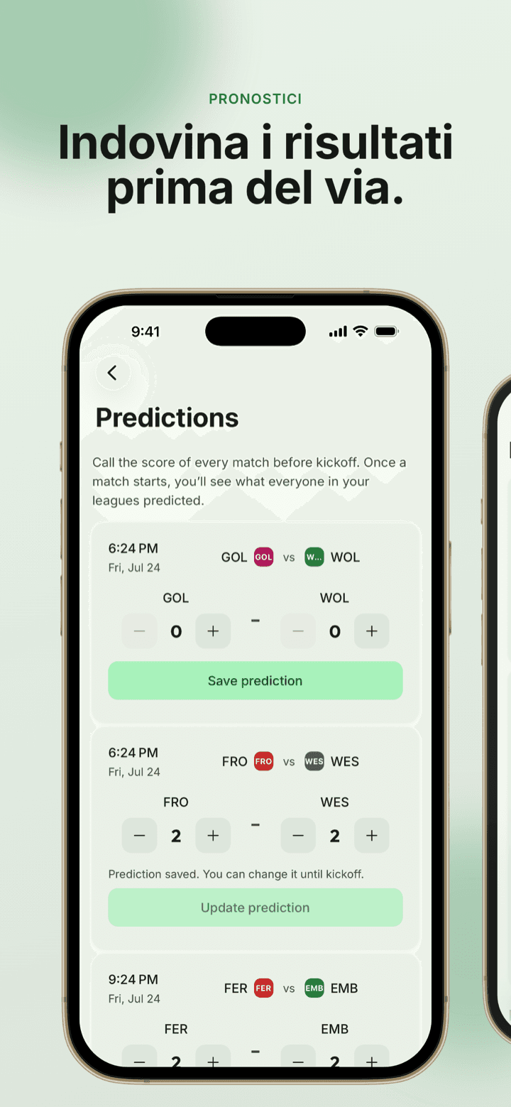 Schermata dell’app: i pronostici sui risultati prima del calcio d’inizio