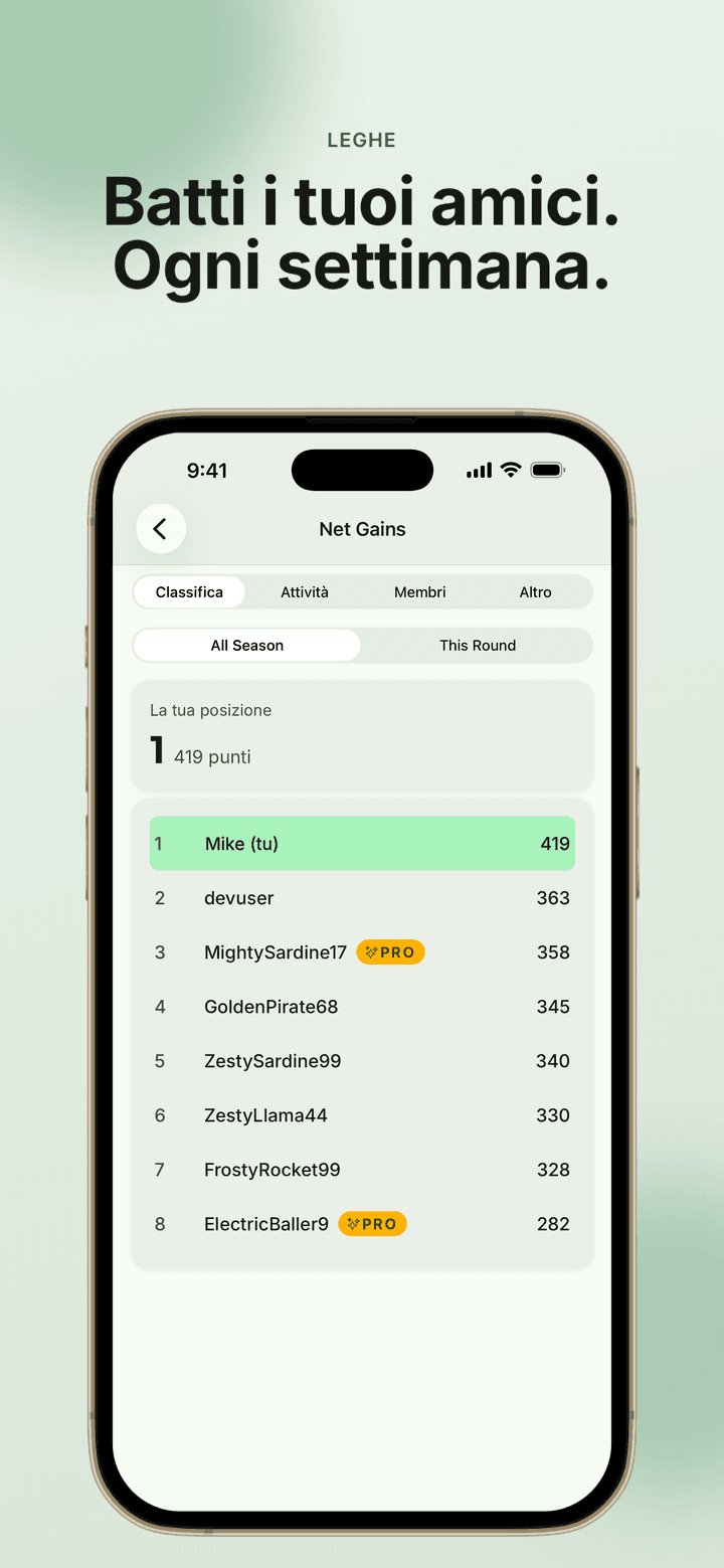 Schermata dell’app: la classifica di una lega dove sfidi i tuoi amici ogni settimana