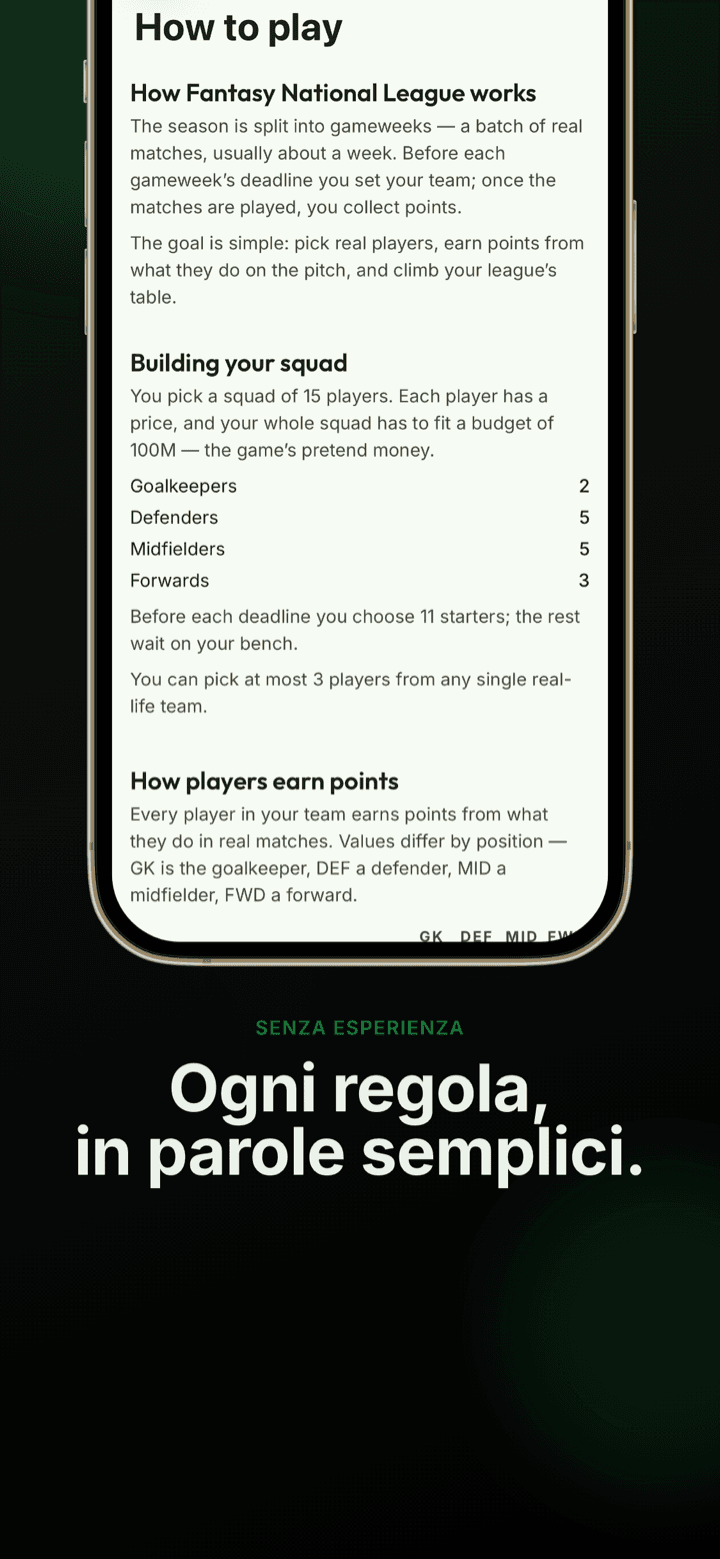 Schermata dell’app: le regole dei punteggi spiegate con parole semplici