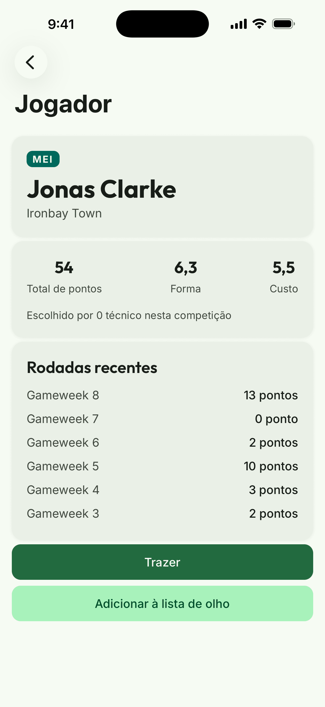 Captura do app: o perfil de um jogador com pontos totais, forma, custo e últimas rodadas
