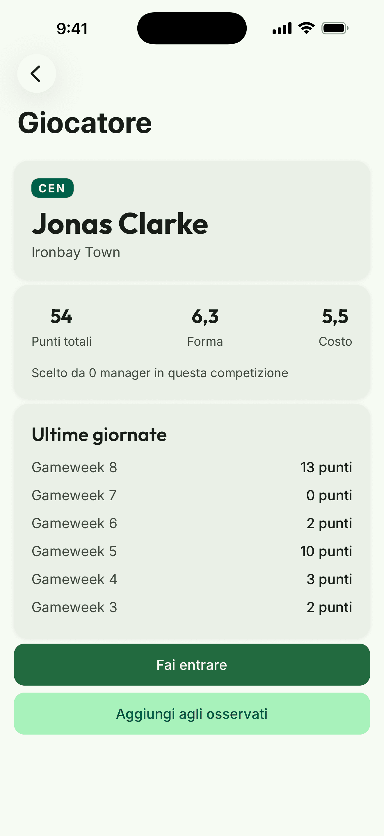 Schermata dell’app: la scheda di un giocatore con punti totali, forma, costo e ultime giornate
