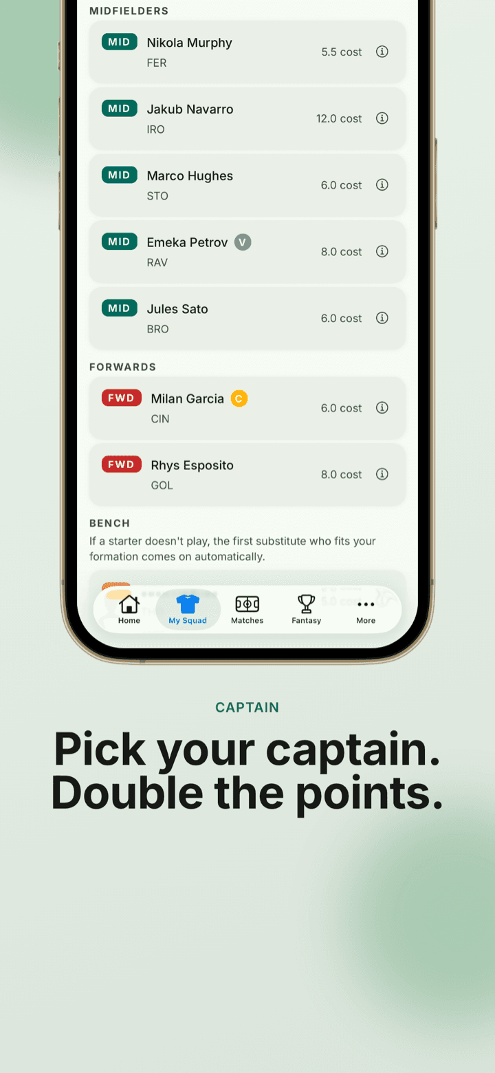 App screenshot: your squad with a captain picked to double his points