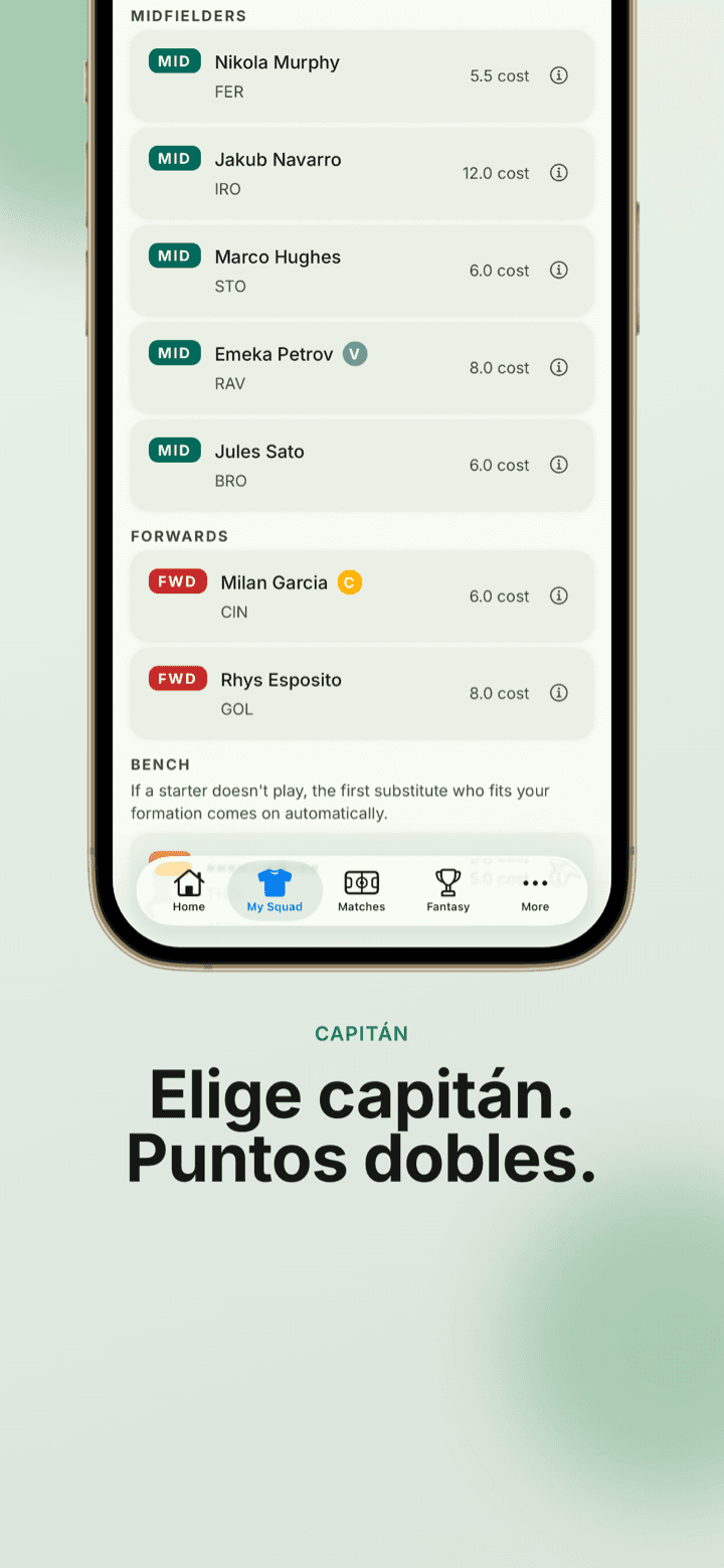 Captura de la app: tu plantilla con un capitán elegido que duplica sus puntos