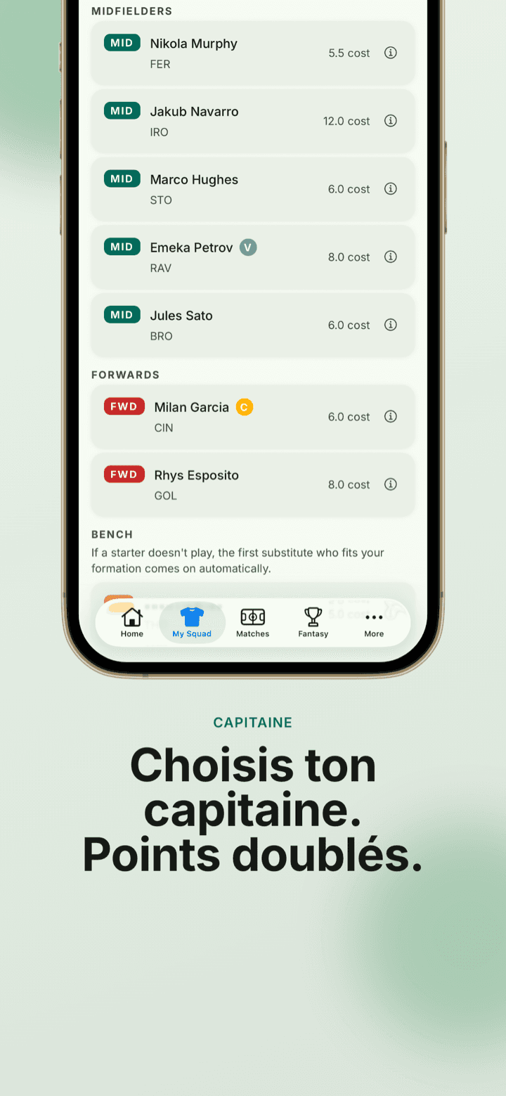 Capture d’écran de l’app : votre équipe avec un capitaine désigné qui double ses points