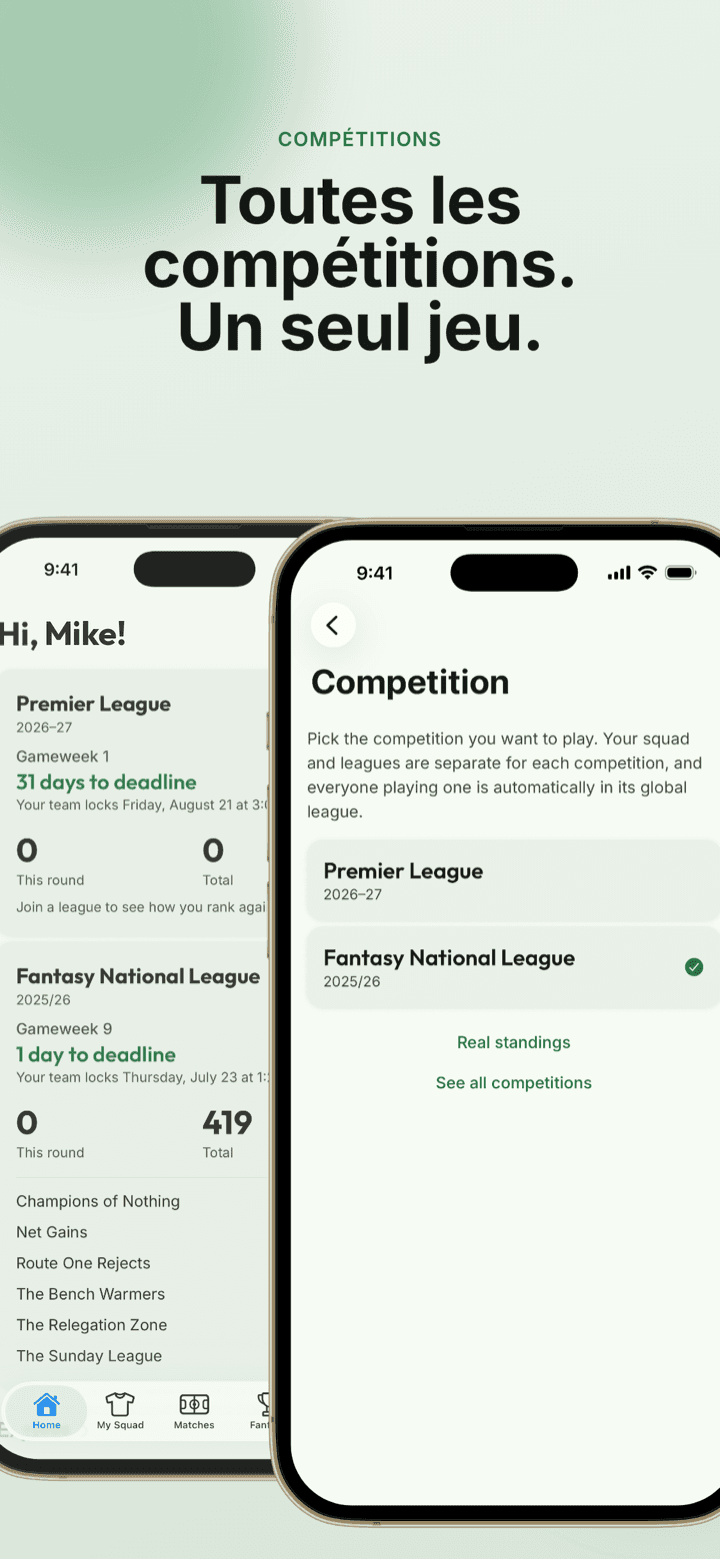 Capture d’écran de l’app : deux téléphones montrant des compétitions différentes dans une seule app