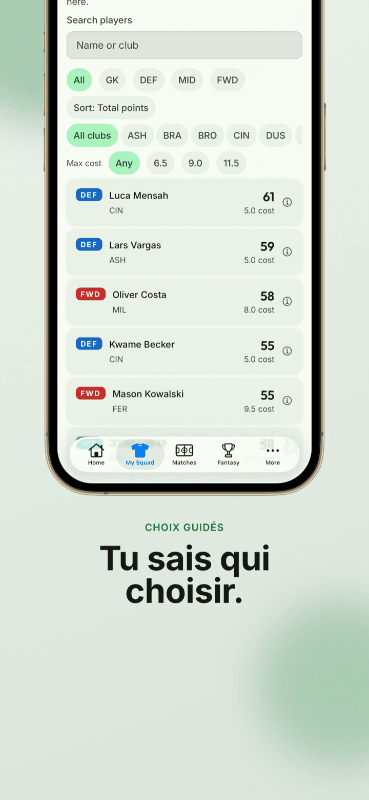 Capture d’écran de l’app : la recherche de joueurs avec filtres par poste et budget pour savoir qui choisir