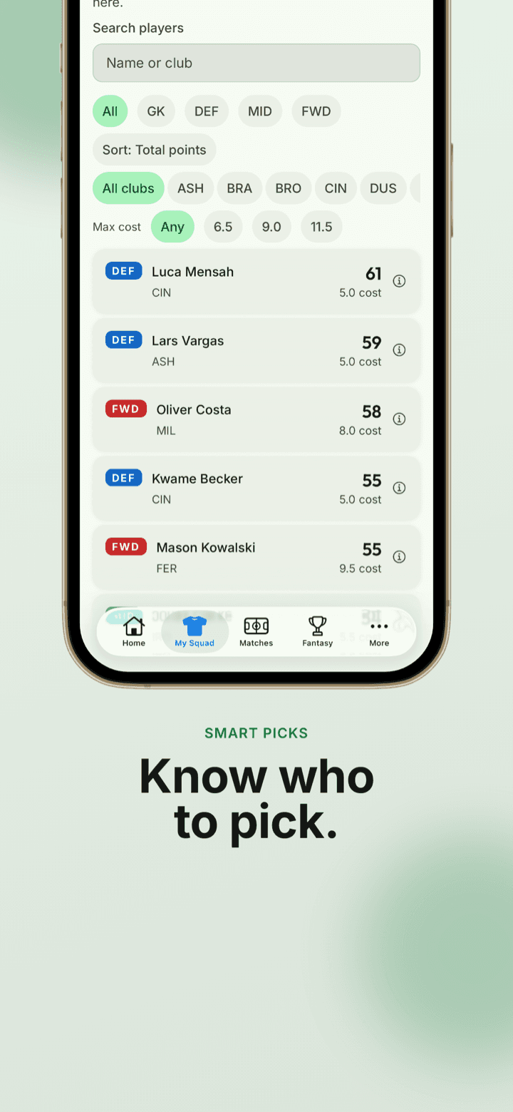 App screenshot: browsing players with position and budget filters to find who to pick