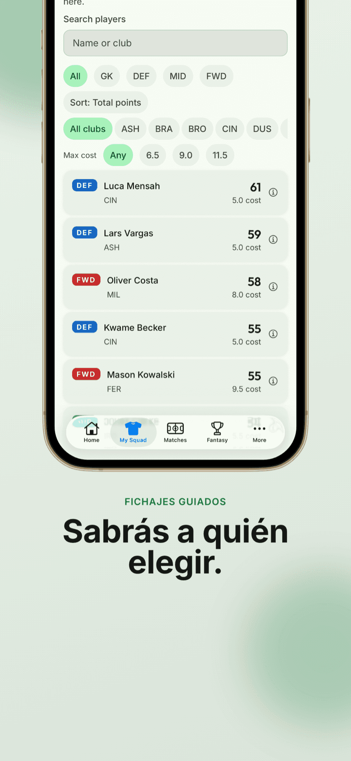 Captura de la app: exploración de jugadores con filtros de posición y presupuesto para saber a quién elegir