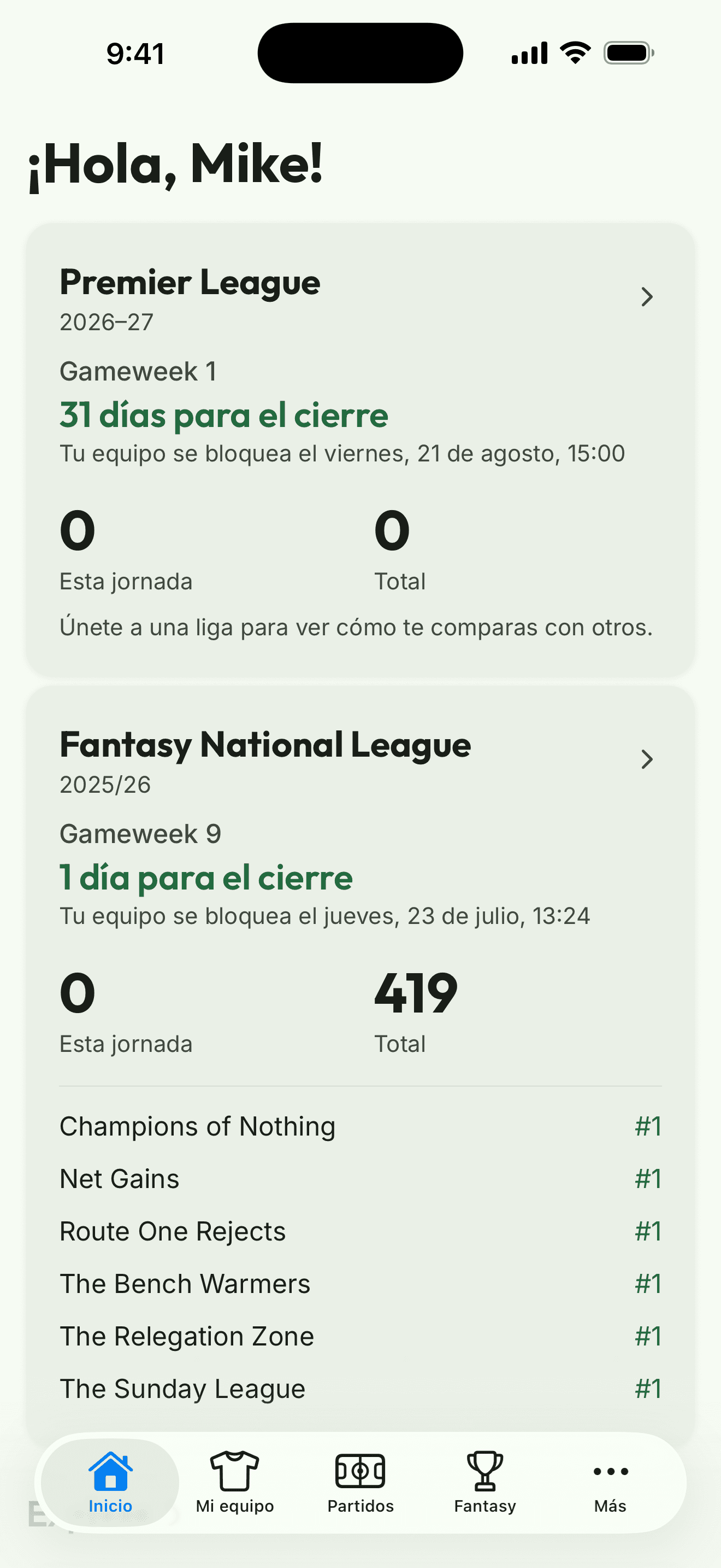 Captura de la app: la pantalla de inicio con tus competiciones, próximas fechas límite y tu puesto en cada liga