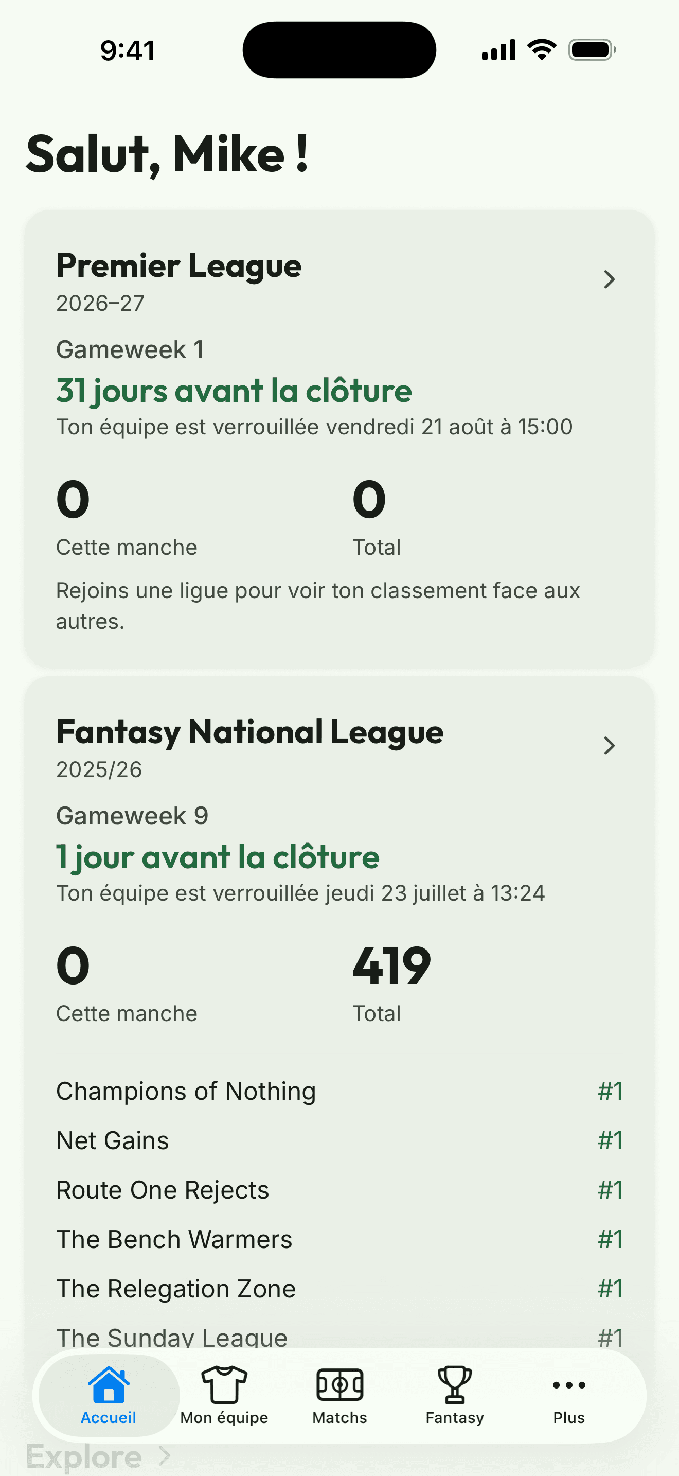 Capture d’écran de l’app : l’écran d’accueil avec vos compétitions, les prochaines dates limites et vos classements