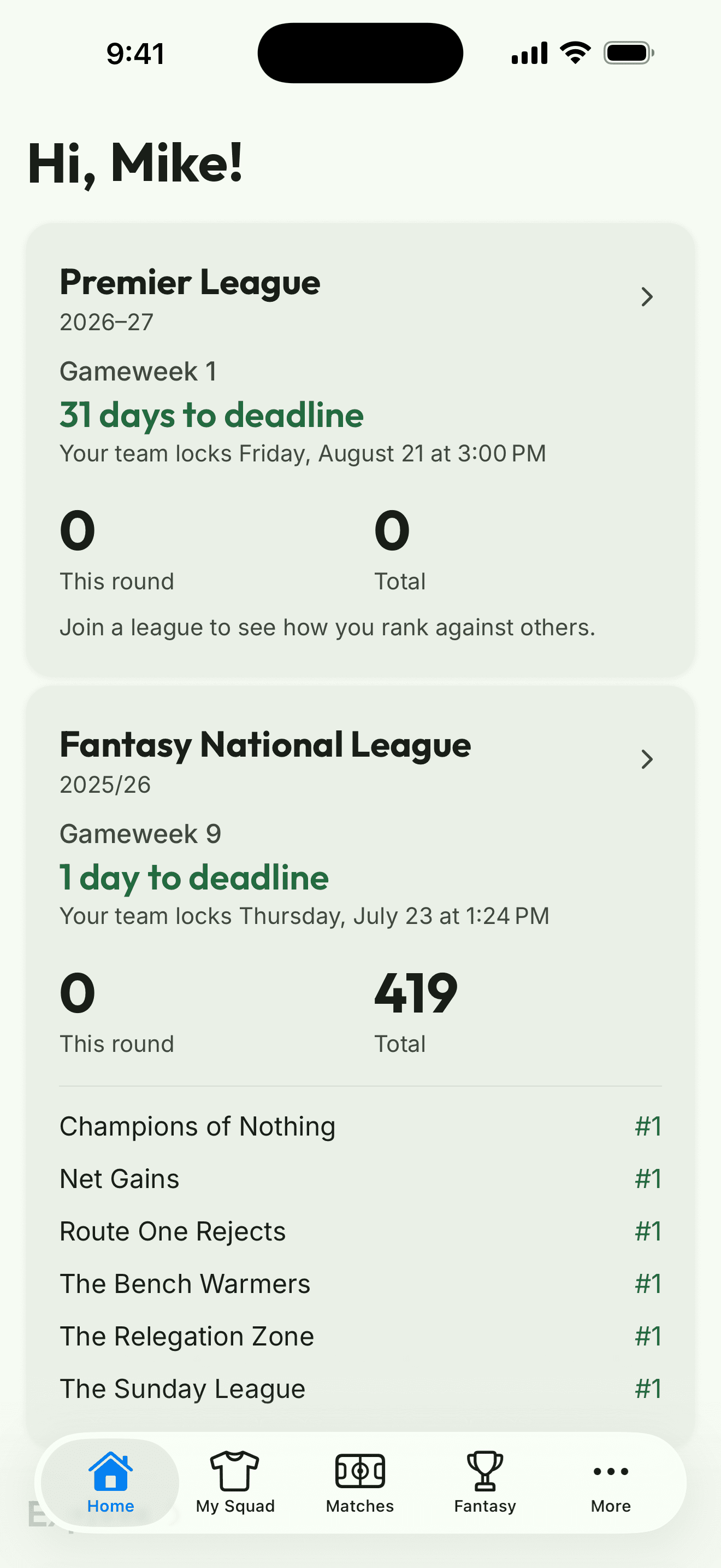 App screenshot: the home screen with your competitions, upcoming deadlines, and league ranks
