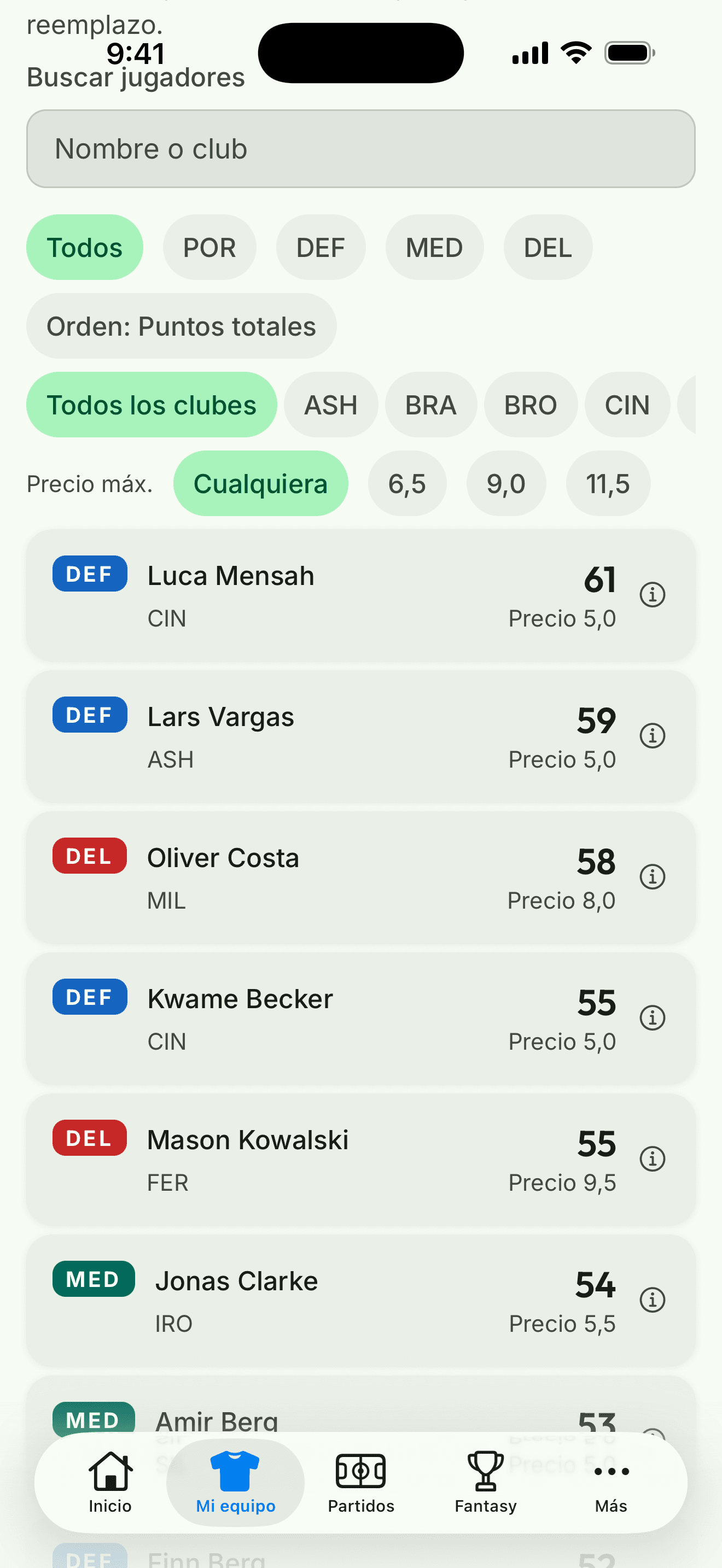 Captura de la app: exploración de jugadores con filtros de posición, club y presupuesto