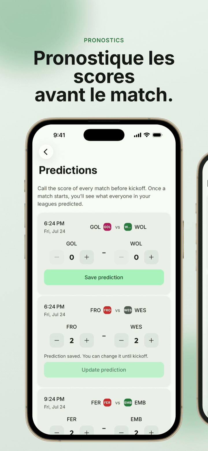 Capture d’écran de l’app : des pronostics de score avant le coup d’envoi