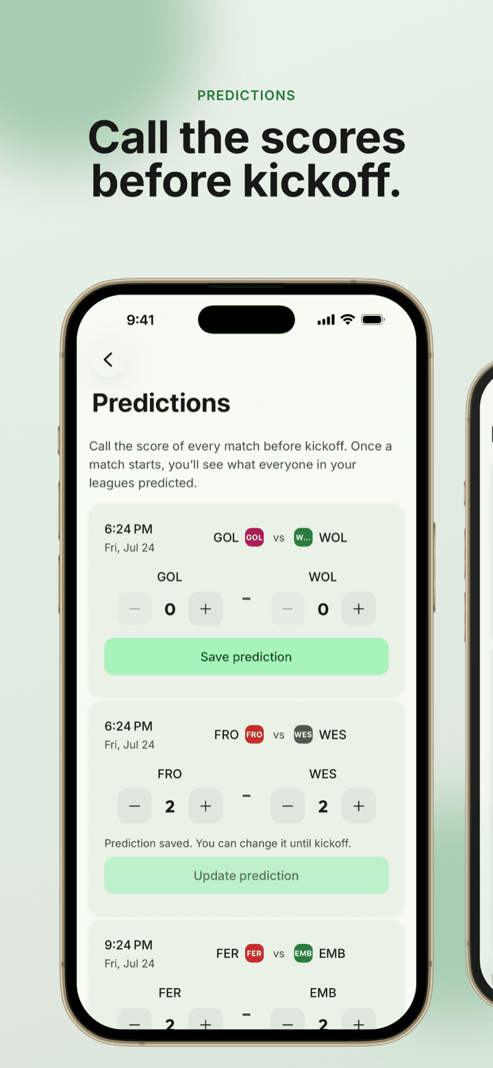 App screenshot: predicting match scores before kickoff