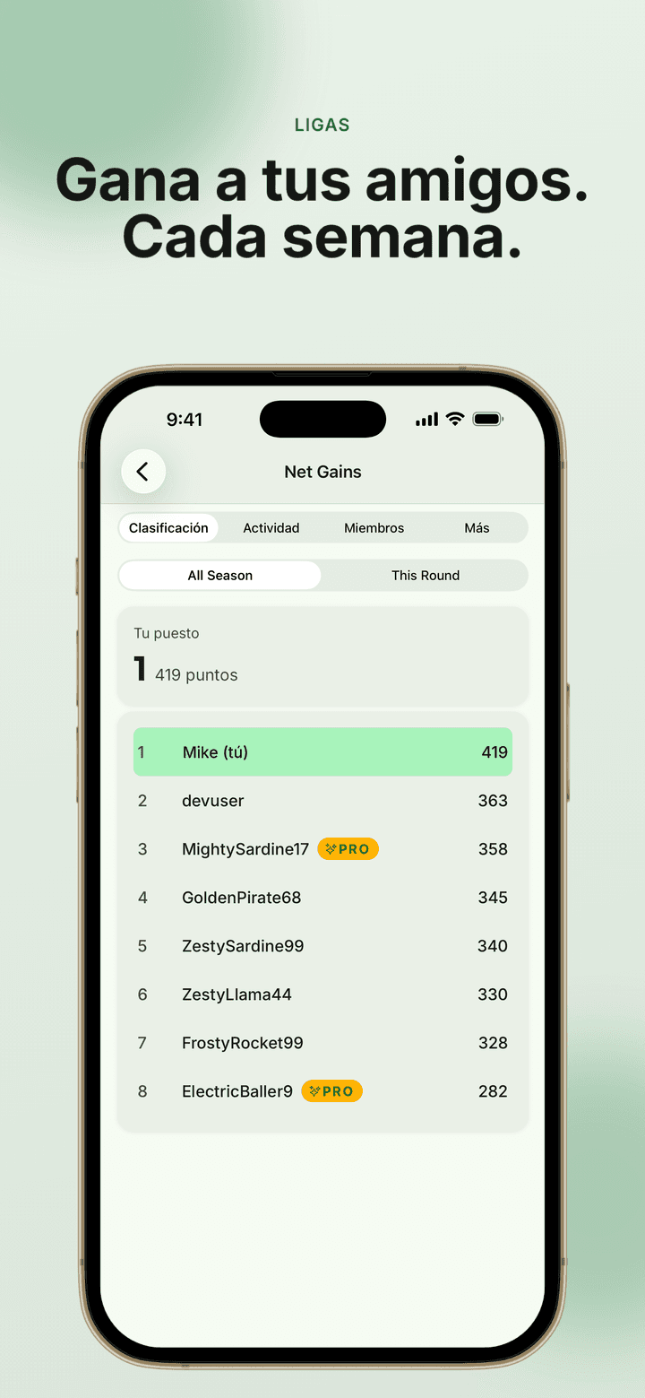 Captura de la app: la clasificación de una liga donde compites con tus amigos cada semana