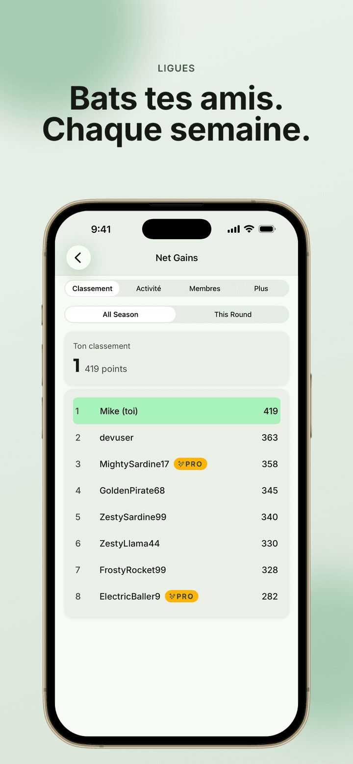 Capture d’écran de l’app : le classement d’une ligue où vous affrontez vos amis chaque semaine