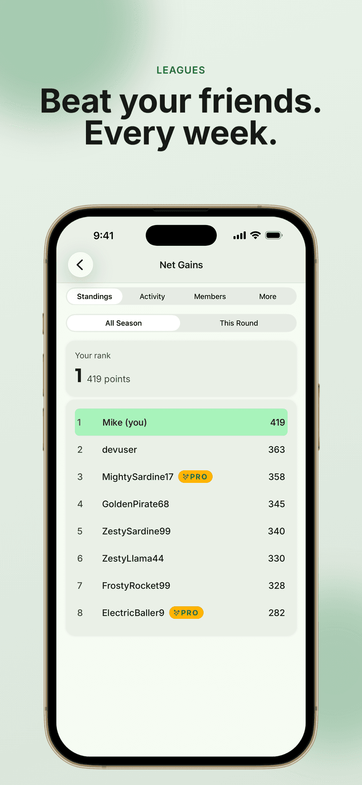 App screenshot: a league leaderboard where you compete with friends every week