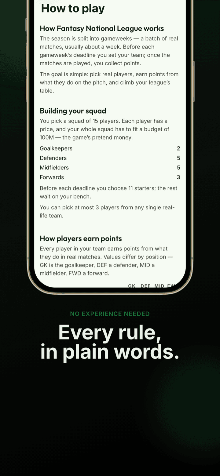App screenshot: scoring rules explained in plain words