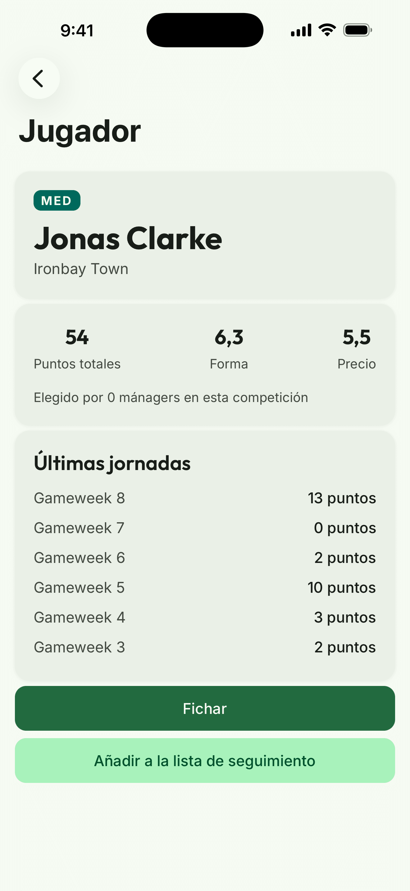 Captura de la app: la ficha de un jugador con puntos totales, forma, coste y últimas jornadas