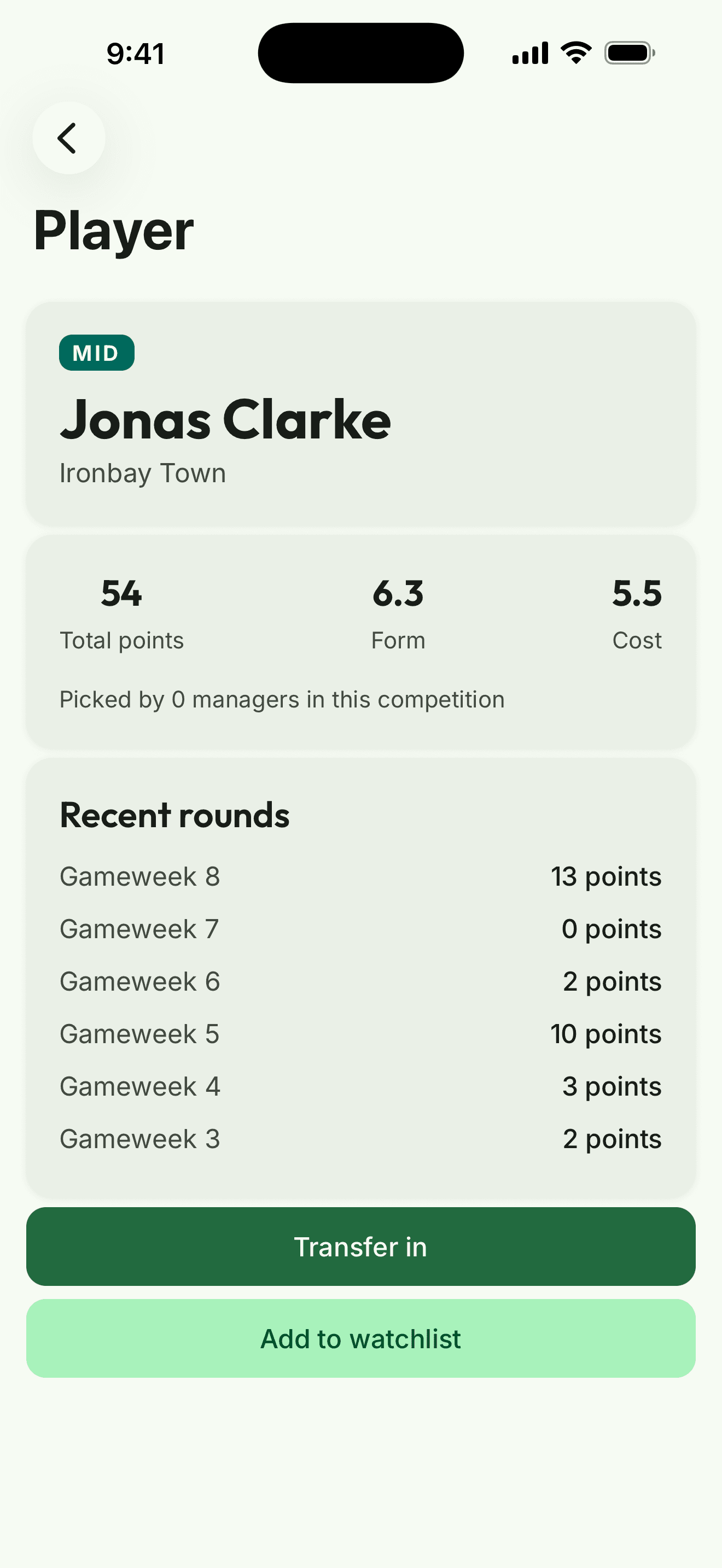 App screenshot: a player profile with total points, form, cost, and recent rounds