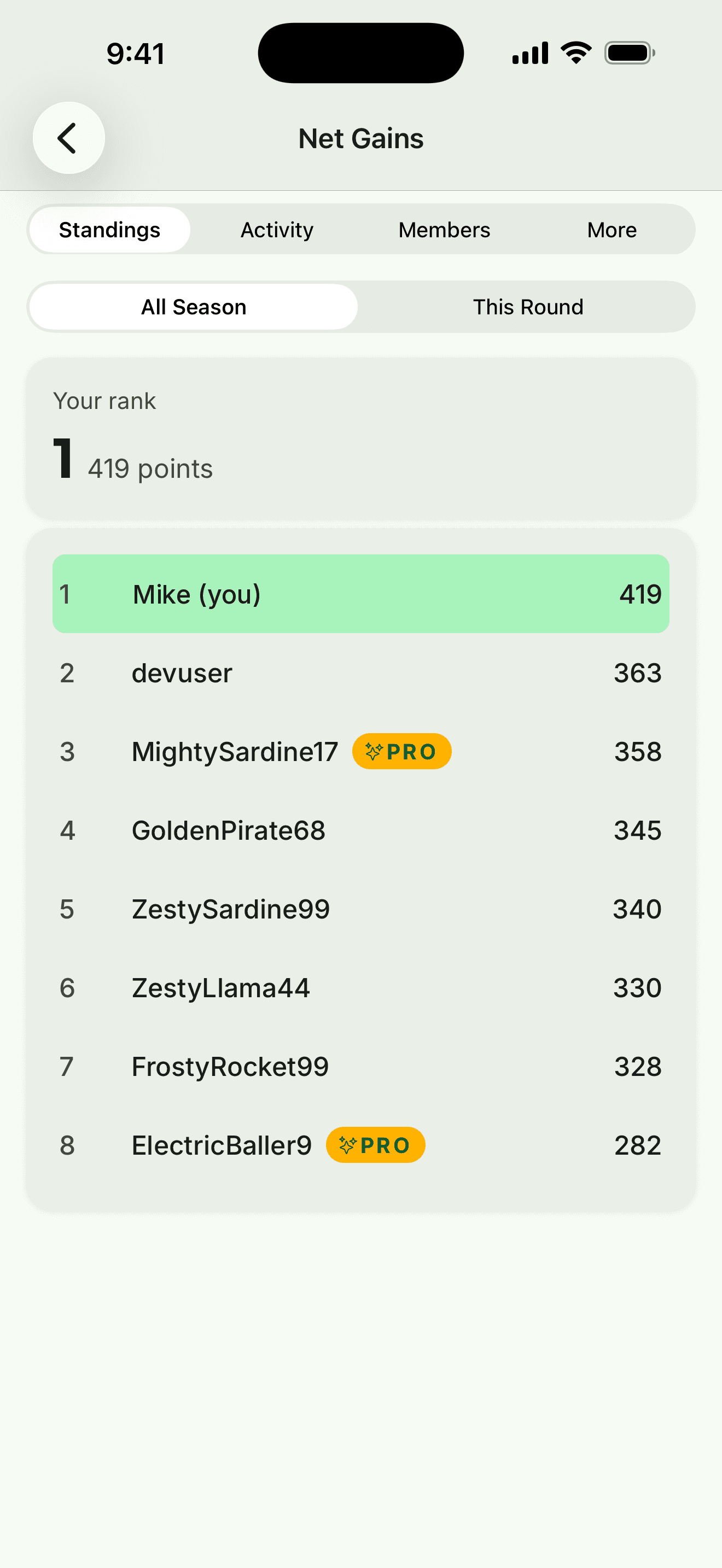 App screenshot: a league table with your rank at the top