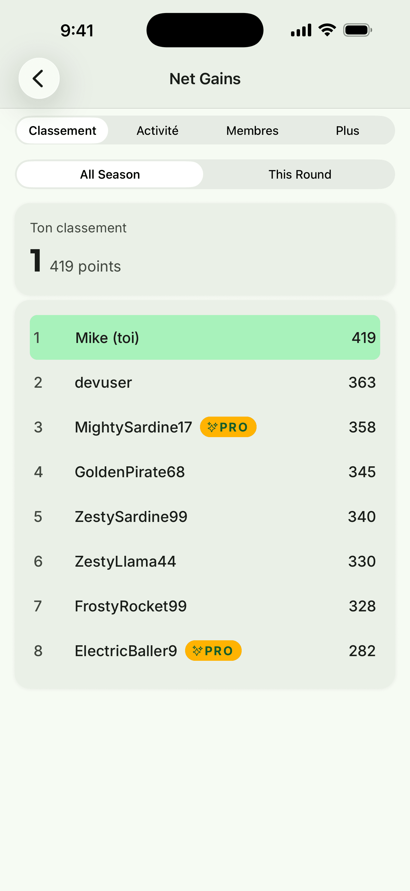 Capture d’écran de l’app : le classement d’une ligue avec votre rang en tête